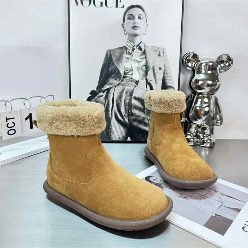 秋冬 レディース ショートブーツ 羊毛 ファー 綿 本革 防滑 保暖 起毛 平底 雪地靴 軽量 暖か 通勤 通..