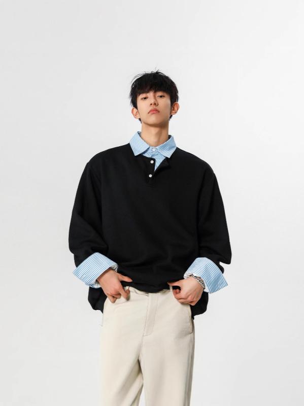 パーカー メンズ 青少年 春夏 長袖 襟付き 切り替え 韓国風 香港風 2着風 アウトドア 通勤 軽量 吸湿速乾 綿素材 ブラック グレー