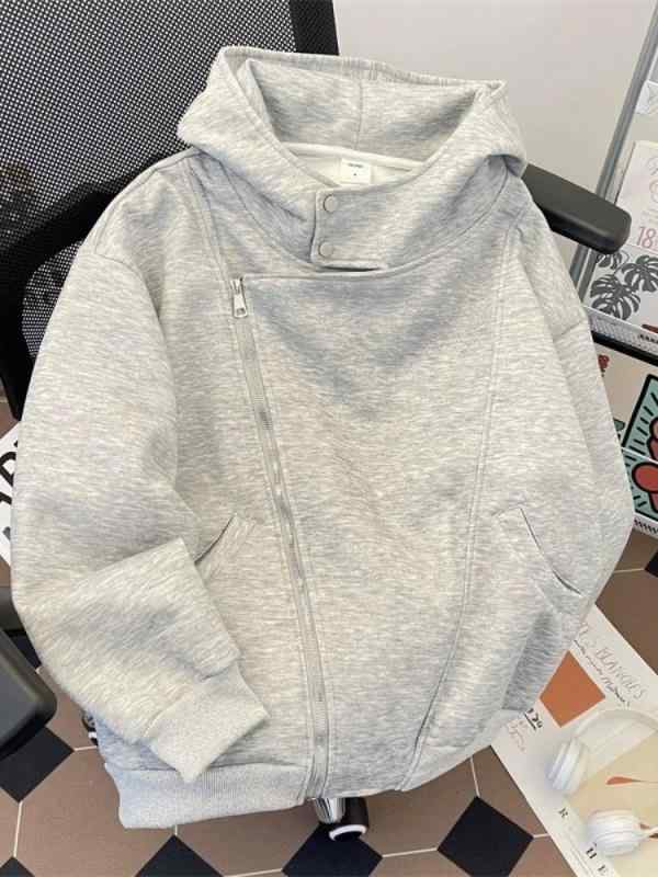 Rakuten - パーカー 男女兼用 アシンメトリーデザイン ダブルジッパー フード付き グレー 秋冬 ストリートスタイル アウター 上着 開襟 スウェット トップス