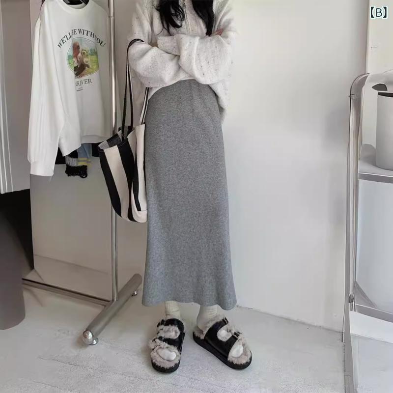 ニットスカート レディース 秋冬 Aライン ストレート ハイウエスト ロング ドレー...