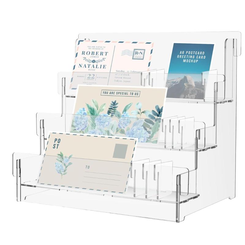 アクリル 3段 ディスプレイラック 名刺ホルダー グリーティングカード 雑誌収納 ステッカー 展示スタン..