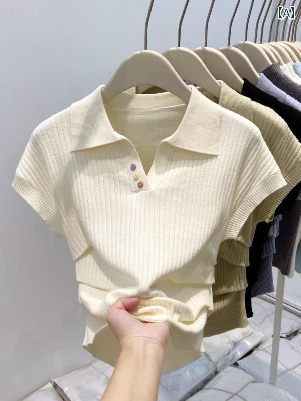 トップス レディース 春夏 ポロ襟 ニット 半袖 虹色ボタン 収腰 プリーツ ショート丈 インナー 2