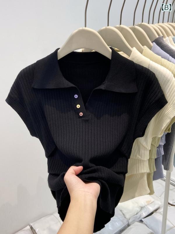 トップス レディース 春夏 ポロ襟 ニット 半袖 虹色ボタン 収腰 プリーツ ショート丈 インナー 3