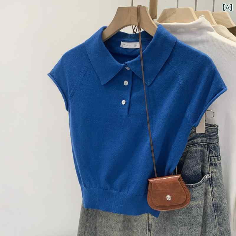 レディース Tシャツ ニット 短袖 ポロカラー ボタン 春夏 短丈 インナー ブルー 肌白く見える クラシック