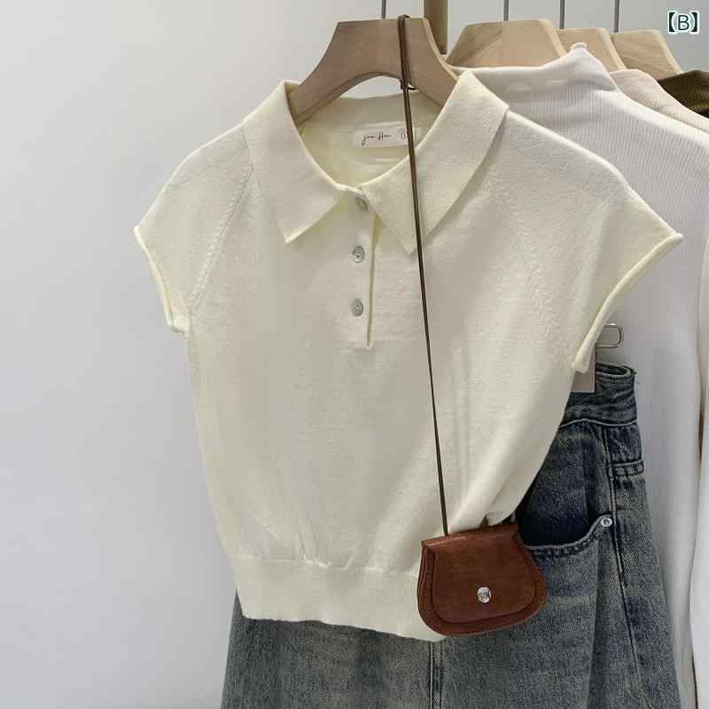 レディース Tシャツ ニット 短袖 ポロカラー ボタン 春夏 短丈 インナー ブルー 肌白く見える クラシック