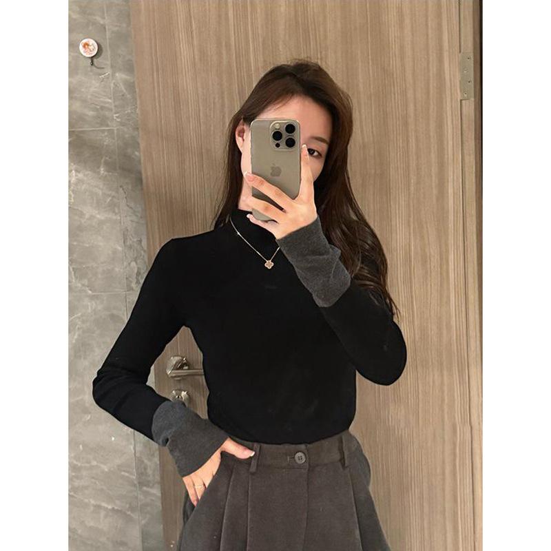 ニットセーター レディース 春夏 インナー トップス 切り替え 半高領 修身 スリム デザイン コントラスト カラー セクシー レイヤード ..