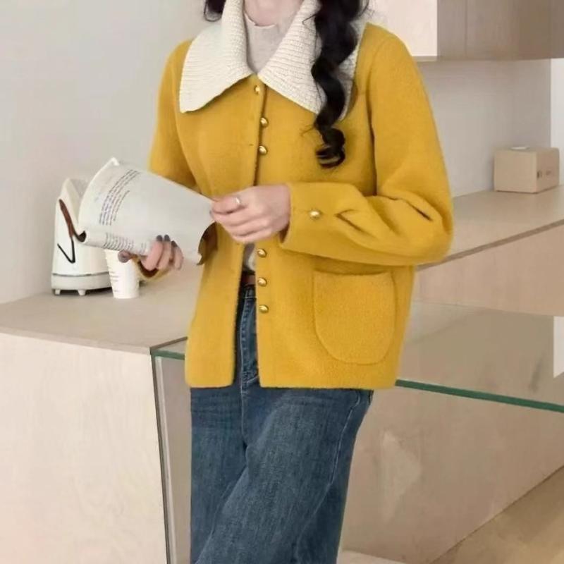 秋冬 レディース ニット カーディガン ショート 厚手 ラペル ウール フェルト スタンドカラー デザイン ユニーク 暖か コーデ レイヤード トップス 秋物 冬物 暖房 防寒 日常使い 街着