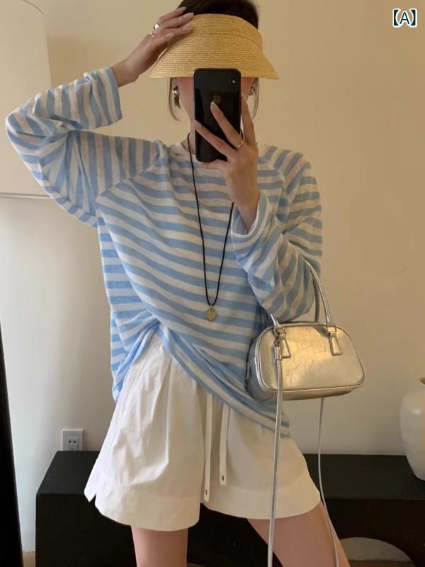 Tシャツ レディース 春夏 UVカット 長袖 配色 ストライプ カジュアル ゆったり風 若見え インナー トップス 室内着 エアコン対策 吸湿速乾 軽量