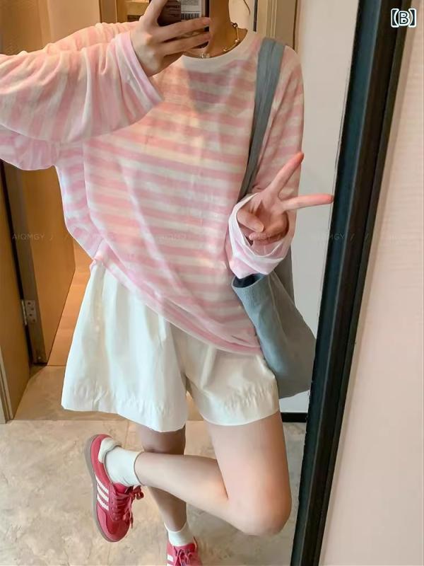 Tシャツ レディース 春夏 UVカット 長袖 配色 ストライプ カジュアル ゆったり風 若見え インナー トップス 室内着 エアコン対策 吸湿速乾 軽量