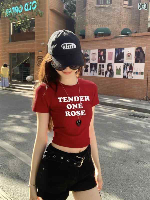 レディースTシャツ アメリカン レトロ ワインレッド 甘辛ガール 正肩 短袖 春夏 ス...