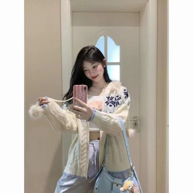Rakuten - ニットカーディガン レディース 秋冬 フード付き フェアアイル柄 ゆったり リラックススタイル ブルー系 ホワイト ニット素材 接触冷感 軽量 吸湿速乾 通勤 通学 アウトドア 部屋着