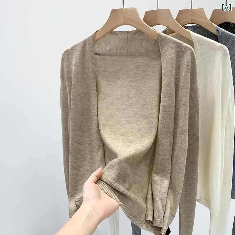 ニットカーディガン レディース 春夏 UVカット 薄手 長袖 シンプル カジュアル ゆったり ショール アウター 防風 吸湿速乾 再生繊維 接触冷感 ハイネック 切り替え デザイン