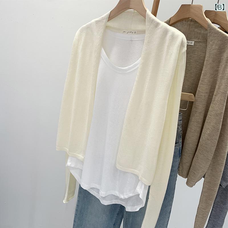 ニットカーディガン レディース 春夏 UVカット 薄手 長袖 シンプル カジュアル ゆったり ショール アウター 防風 吸湿速乾 再生繊維 接触冷感 ハイネック 切り替え デザイン