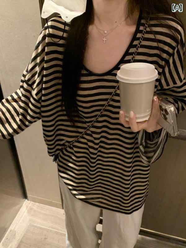レディース 春夏 UVカット 長袖Tシャツ Uネック ストライプ ゆったり レイヨン インナー トップス リラックス カバーアップ 防風 防寒 日常使い 通勤 通学 アウトドア