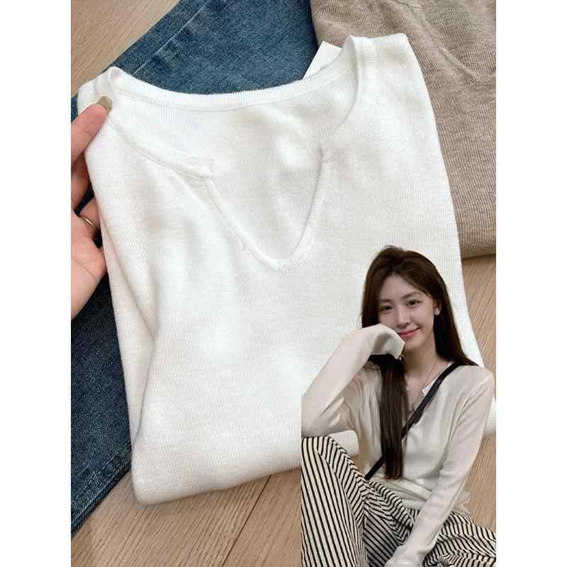 ニットトップス レディース 春夏 ゆったり長袖 Vネック シンプル インナー ベースレイヤー 正肩 編み込み 日常使い 通勤 通学 部屋着 ..