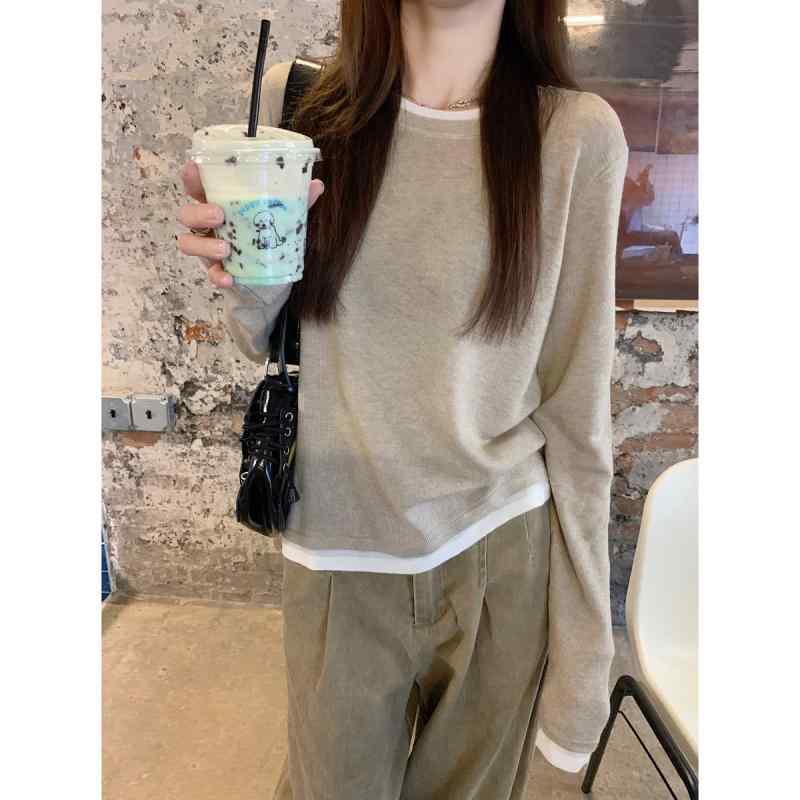 ・主素材: ナイロン・柄: 配色・厚み: 薄手・スタイル: プルオーバー・袖型: レギュラースリーブ・襟型: クルーネック・袖丈: 長袖・着丈: 普通 (50cm超65cm以下)・加工: ノーアイロン処理・カラー: オートミール,アンズ,グ...