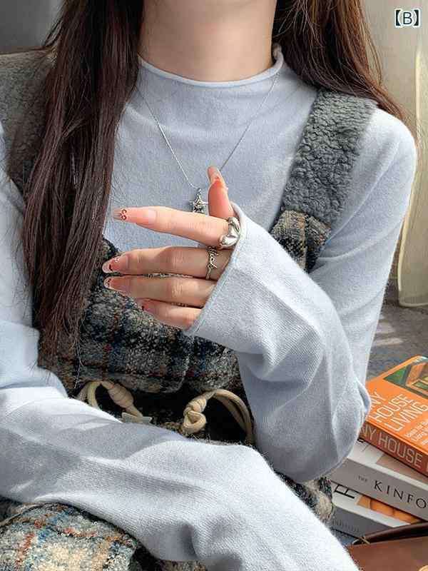 春夏 レディース 高級感 巻き縁 ニット インナー ハーフハイネック セーター 韓国風 シンプル トップス 接触冷感 吸湿速乾 軽量