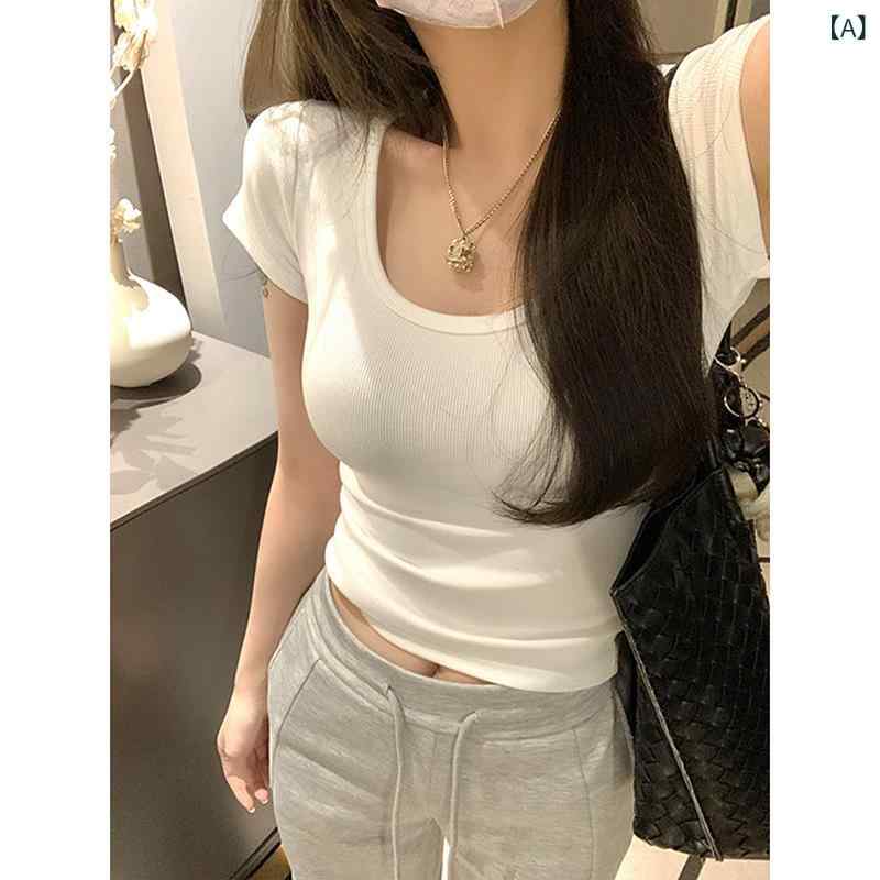 春夏 Tシャツ レディース Uネック スリム 短袖 ショート丈 インナー トップス 甘め スパイシー ベーシック リブ 基礎款