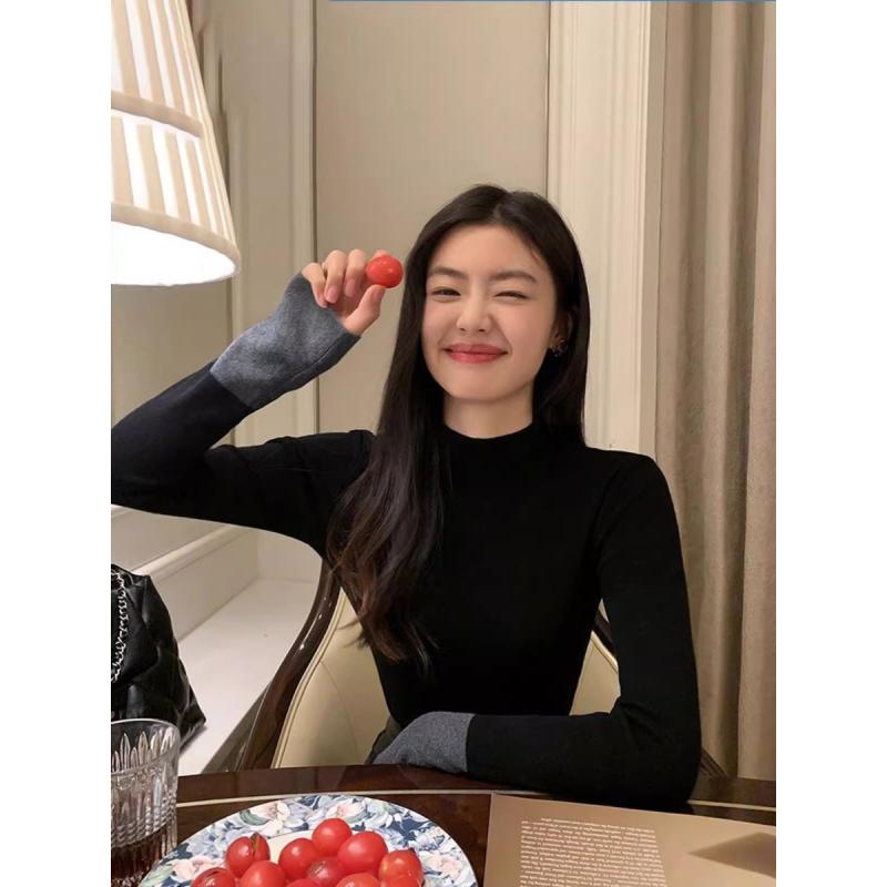 ・生地: ビスコース・パターン: スプリットカラー・厚さ: 中厚・組み合わせ: 単品・スタイル: ベーシック・フィット: スリム・袖型: スタンダード・襟型: ハーフハイネック・袖丈: 長袖・トレンド: コントラストカラー・着丈: 普通(5...