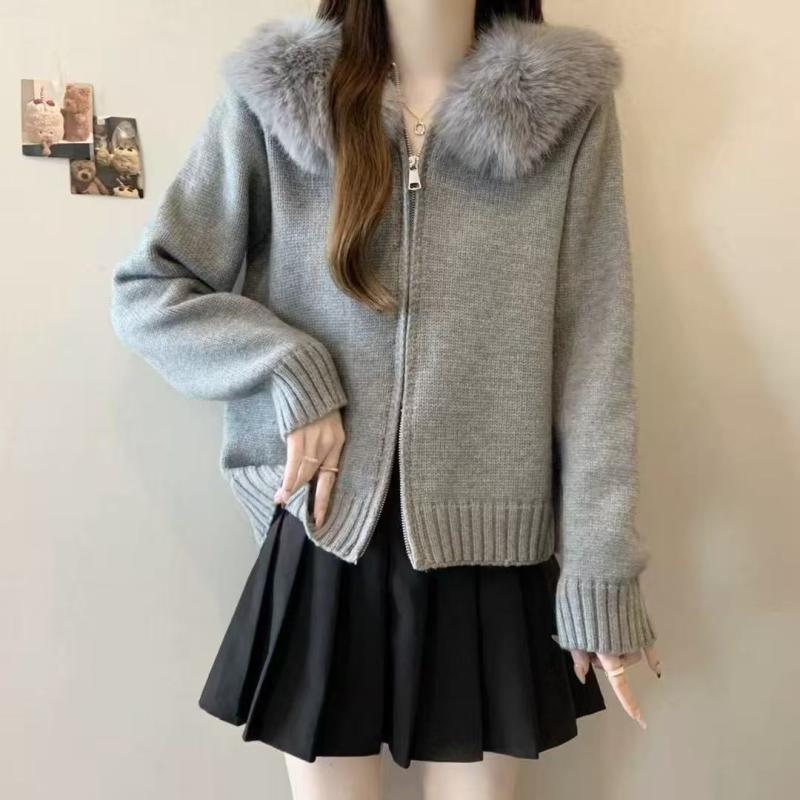 秋冬 レディース ニットカーディガン フード付き 狐毛襟 ジッパー カジュアル デザイン 軽量 吸湿速乾 コットン混 ブラック グレー ピンク系 ハイネック ロング丈 通勤 通学 アウトドア 部屋着 男女兼用 切り替え ショール ブローチ 指輪 野球 ジ