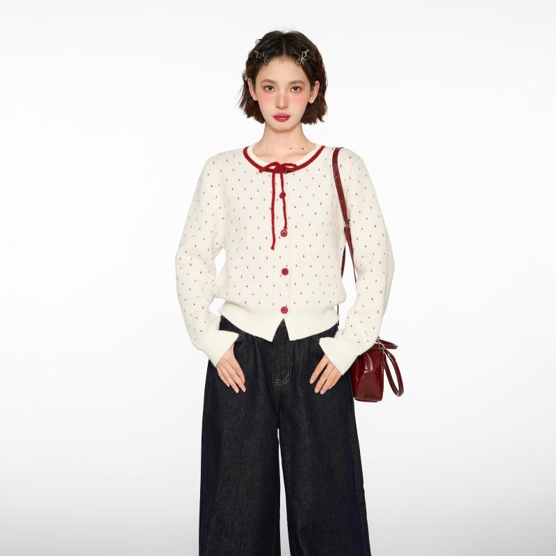 カーディガンレディース秋冬白ポルカ...