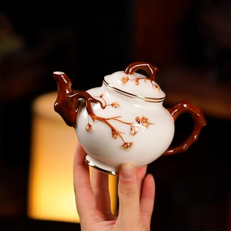 茶ポット 家庭用 梅の花 浮き彫り 手作り 功夫茶器 高級感 白磁 泡茶専用 純手工 デザイン 茶具