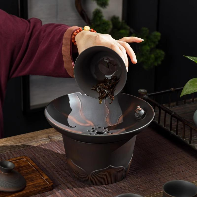 茶器 紫色陶器 茶葉残渣壺 蓋付き フィルター 茶洗い器 茶盅 水盂 レトロ風 特徴的 陶器製 家庭用 クリ..