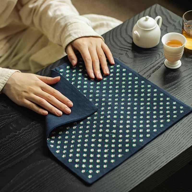 茶道茶席マット 家庭用 茶室 手工刺繍 加厚干泡クッション 茶桌隔熱パッド 天然綿麻布 簡約シンプル モ..