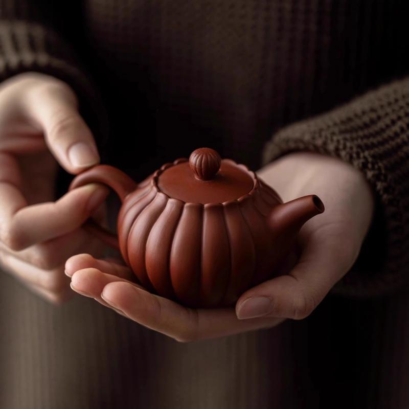 宜興紫砂 南瓜型茶壺 手作り 朱泥 家庭用 功夫茶具セット 伝統茶器 泡茶用 陶器壺 単壺 純手工 紫砂陶