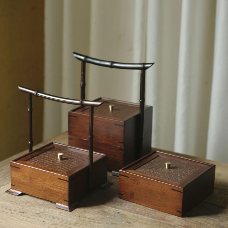 竹藤 多層 手提げ 収納ボックス ピクニック 茶具 水筒 水果 茶点 皿 青 家庭用 軽量 自然素材 整理 持..