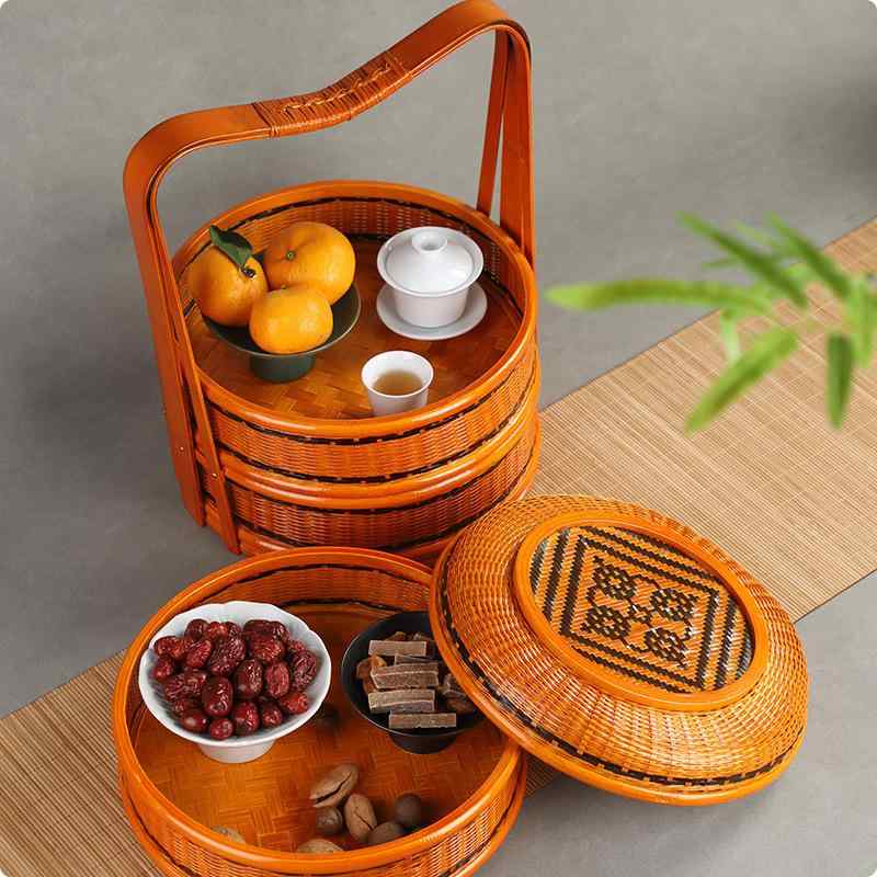 竹籠 家庭用 収納 レトロ 食器入れ ピクニック 月餅 古代風 結婚式 ギフト 手提げ 竹製 手持ち 弁当箱 ..