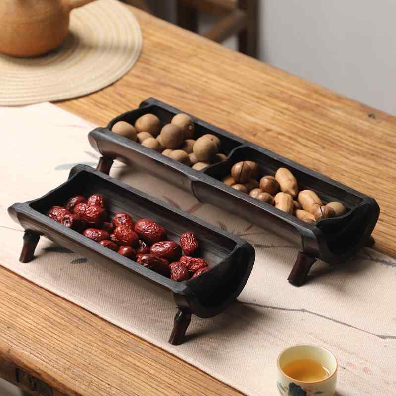 竹製茶点盤 家庭用 中国風 手作り お菓子皿 果物トレイ ドライフルーツプレート ナッツディッシュ スナ..