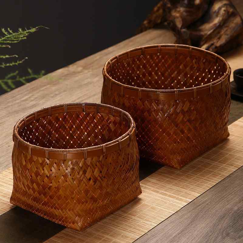 竹編み 手作り 丸型 雑貨収納 竹籠 家庭用 レトロ ティーテーブル デスク上 リビング 竹製 天然素材 細..
