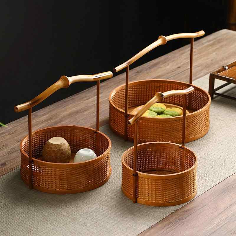 竹かご 手提げ 丸型 手作り竹編み レトロ 茶具収納 果物入れ 点心籠 漆塗り 多用途 家庭用 インテリア ..