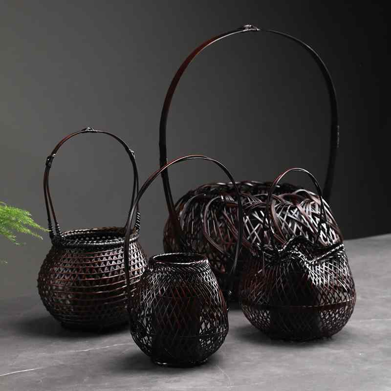 竹編み花器 日式挿花器 禅意茶道花挿 リビング玄関茶几用 竹製インテリア置物 花籠 花瓶 竹工芸品 和風..