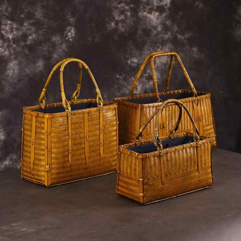 竹編みバッグ レディース 手提げ トート ハンドバッグ ハンドメイド レトロ 淡い黄色 ライトイエロー ..