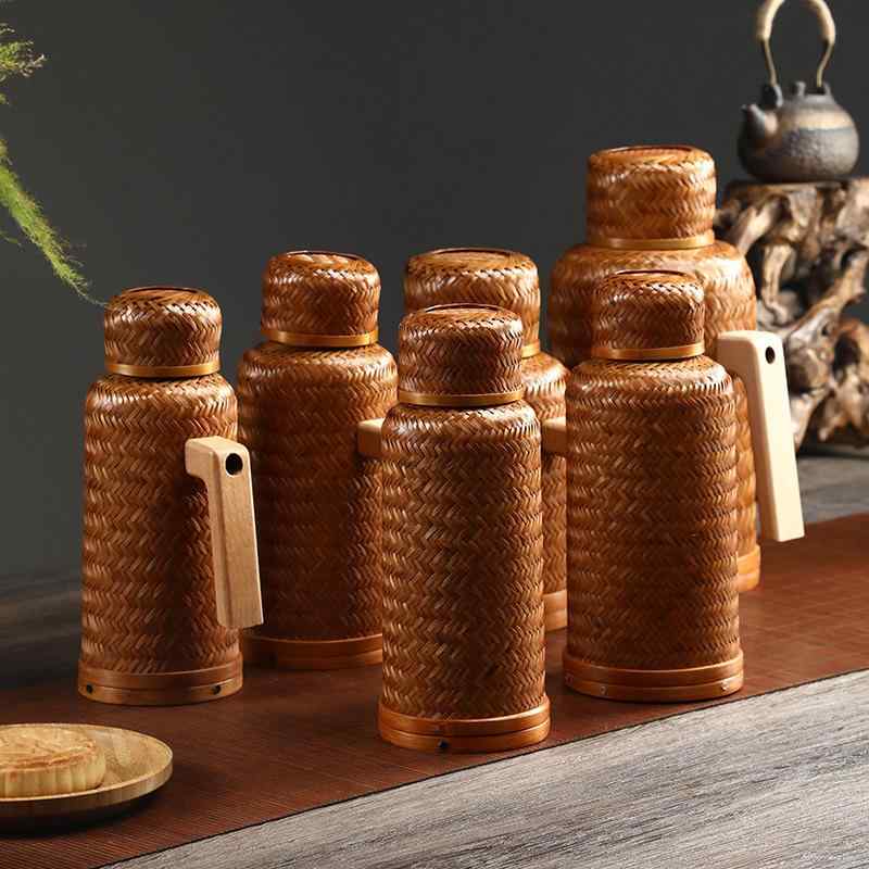 竹編み 保温カップ 手編み外殻 ガラス内胆 ポータブル 旅行用 家庭用 手持ち ティーカップ クリエイテ..