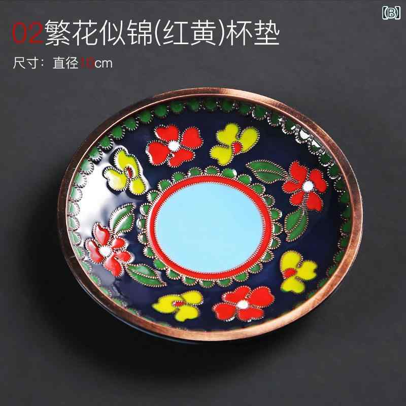 くらしのセロネの茶道用具 功夫茶 カップマット 珐琅彩加工 杯托 壶托 干泡台 銅製 金属 茶承 茶垫 高級感｜アングル2