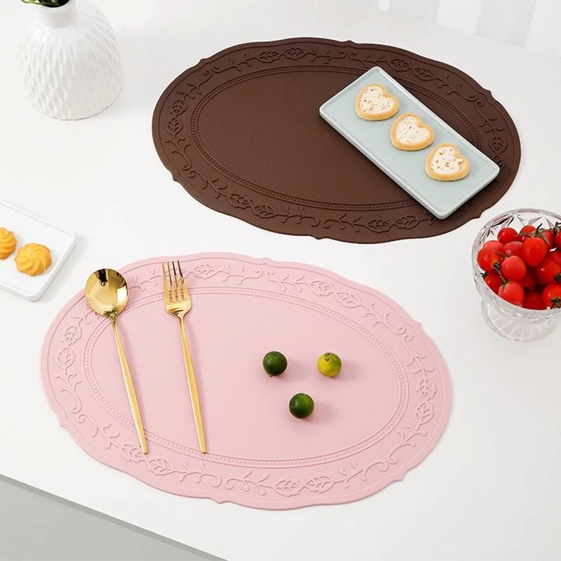 食事マット 楕円形 レース シリコン 断熱 耐熱 鍋マット 皿マット 欧風 浮き彫り レトロ レストラン 西..