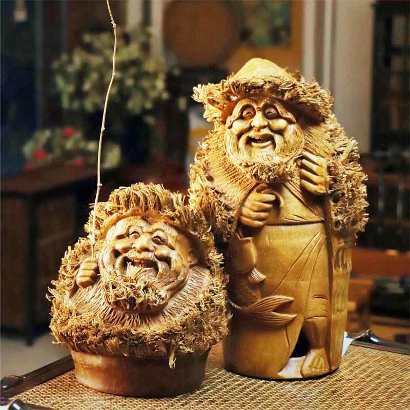 竹根彫り置物 手作り工芸品 漁翁釣りおじいさん 全体竹彫刻 家庭インテリア 文玩飾り 竹素材 手工彫刻 ..