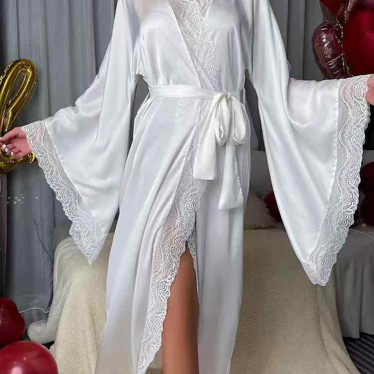 レディース サテン 長袖 パジャマ レース 春夏 接触冷感 高級感 ルームウェア 浴袍 ホームウェア
