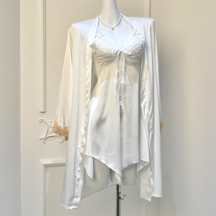 ルームウェア レディース 春夏 薄手 接触冷感 吊り紐スリップドレス ローブ 2点セット 蝶結び 胸パッド付き 部屋着 かわいい