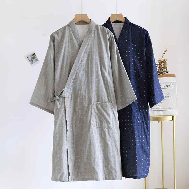 Bathrobes - 和風パジャマ メンズ 春夏 綿 薄手 ゆったり 通気性 吸湿速乾 色織 ホームウェア 寝巻き 部屋着 ローブ 紐付き 浴衣風 ゆったりシルエット 快適 日常使い