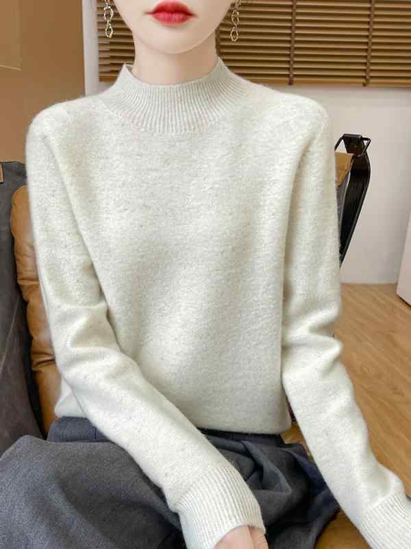 Short Sleeves - レディース 秋冬 ニットセーター ハーフハイネック 純羊毛 プルオーバー ルーズフィット インナー 柔らかい 吸湿速乾 接触冷感