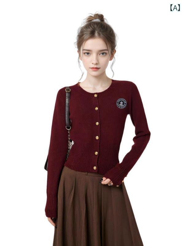 レディース 秋冬 ニットカーディガン 赤 修身 インナー 学院風 ショート丈 アメリカンスタイル セーター トップス 軽量 吸湿速乾 綿素材 デニム風