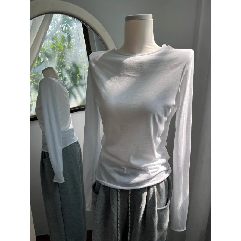 Tシャツ レディース 春夏 通勤 シンプル 白 薄手 長袖 ラウンドネック ロールエッジ スリム インナー トップス 百搭 修身 上衣