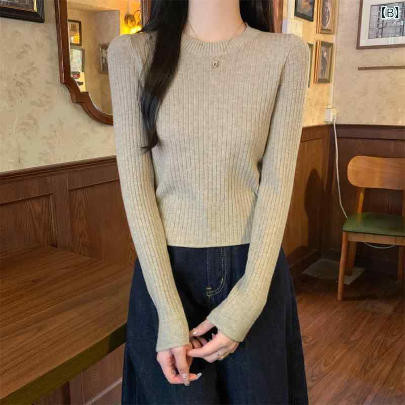 レディース ニットセーター 短め 春夏 シンプル 正肩 小柄 インナー 単色 横ストライプ トップス 吸湿速乾 軽量 綿混 ベーシック レイヤード