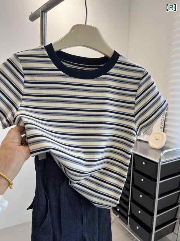 レディース 春夏 短袖 Tシャツ ストライプ柄 コントラストカラー 正肩 ゆうがく ス...