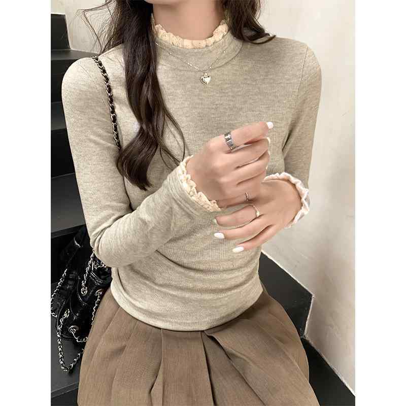 ・素材: ポリエステル・スタイル: プルオーバー・袖丈: 長袖・加工: ピース/スプライス・版型: スリム・着丈: ミディアム・襟型: 半高領・袖型: 通常袖・装飾: レース・色: キャメル,アプリコット・サイズ: S,M,L,XL・スタイ...