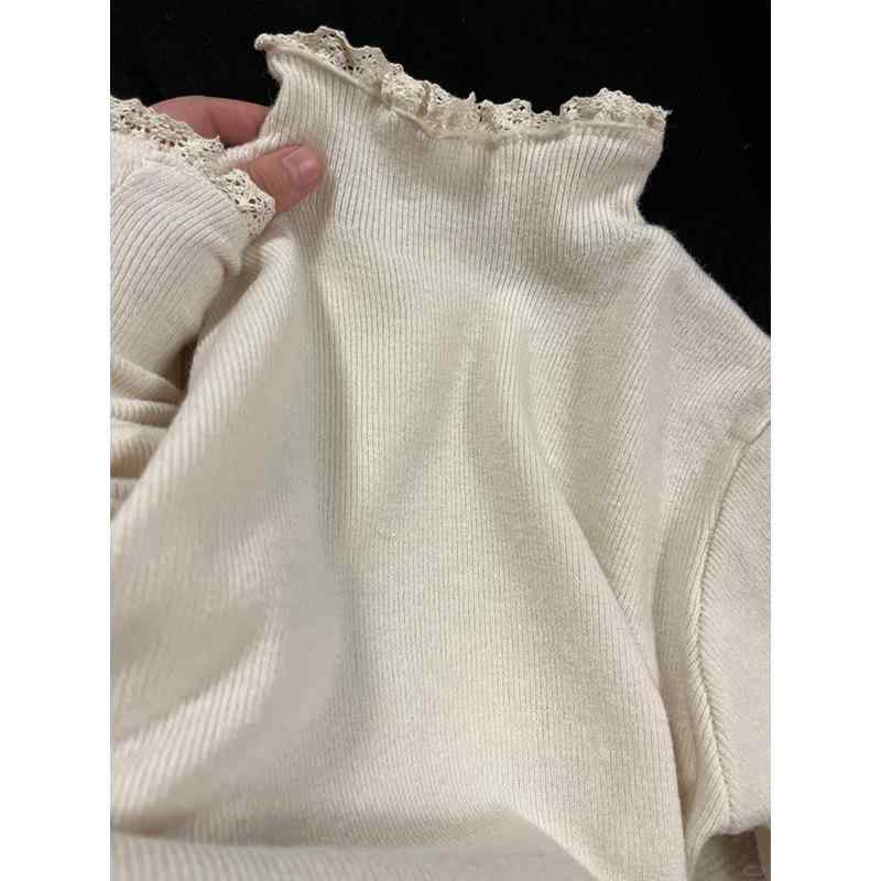 秋冬 レディース ハーフハイネック レースニット インナートップス 柔らか素材 高級感 花边 針織打底衫 蕾丝内搭上衣